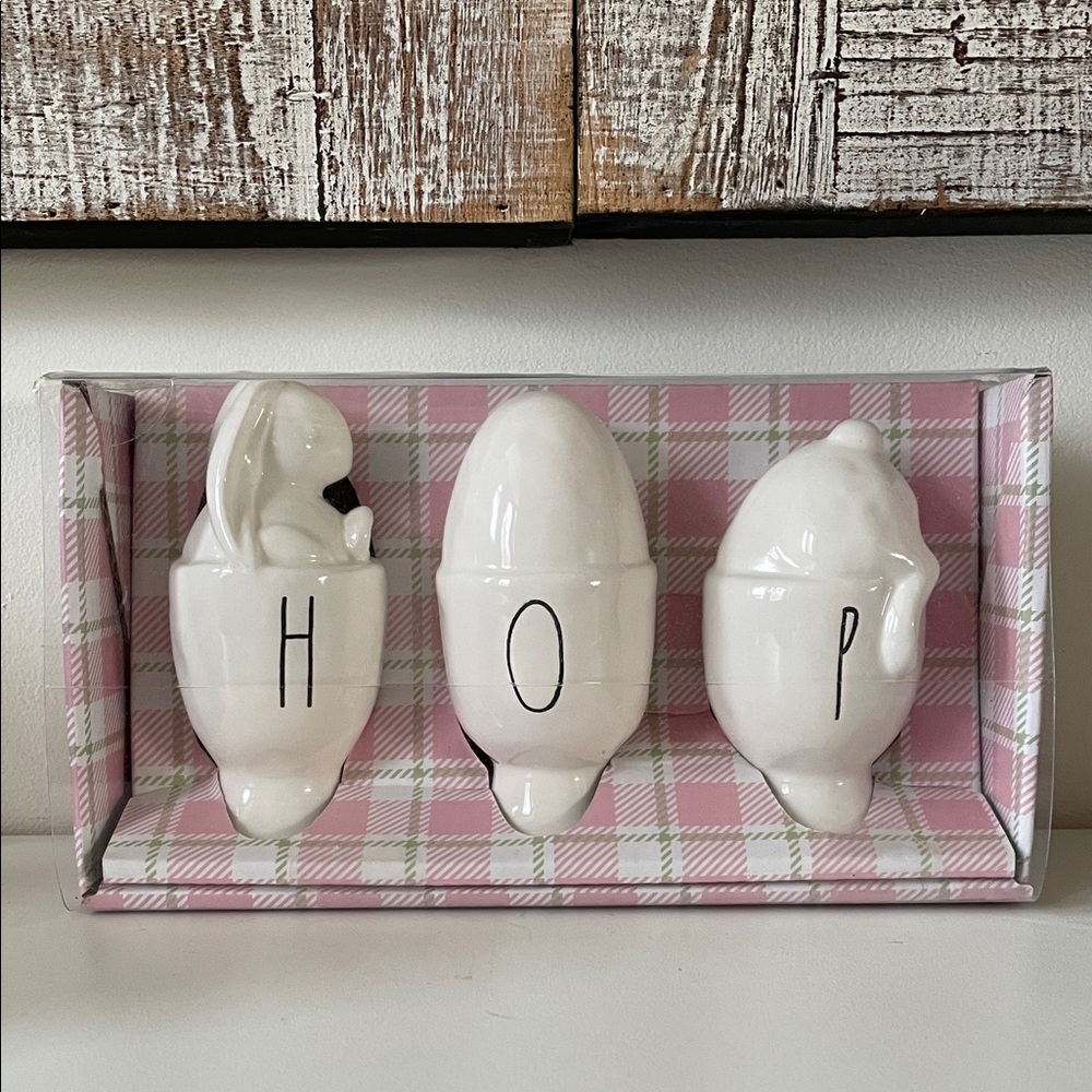Rae Dunn White Ceramic HOP Bunny Egg Set